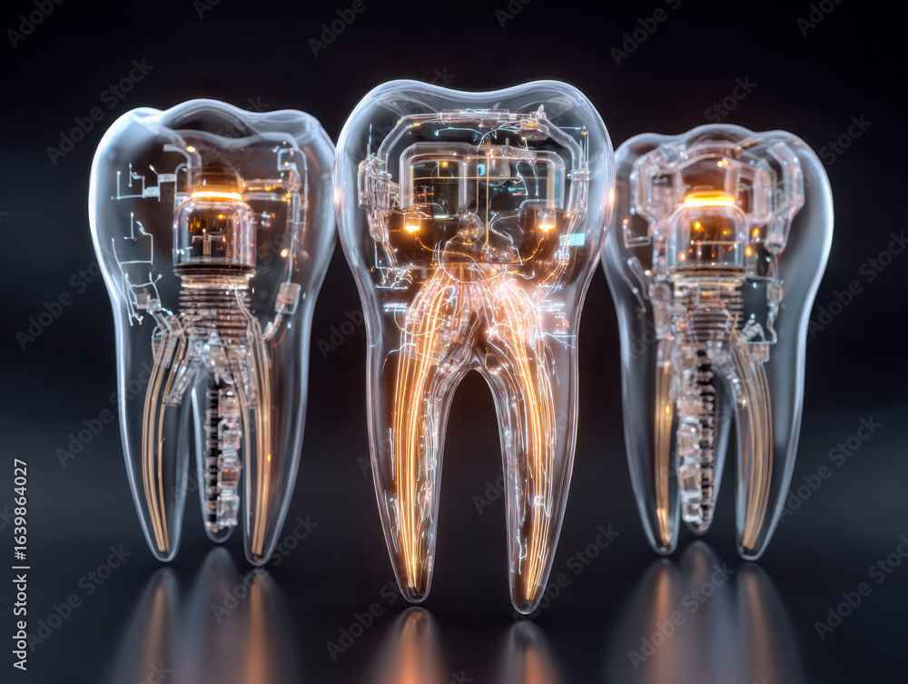Poster futuristic digital rendering of a tooth with internal circuitry and glowing details