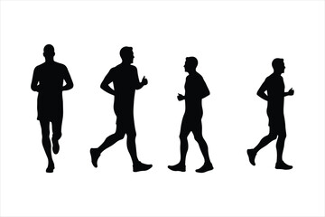 Four male runners in silhouette showing different stages of running motion