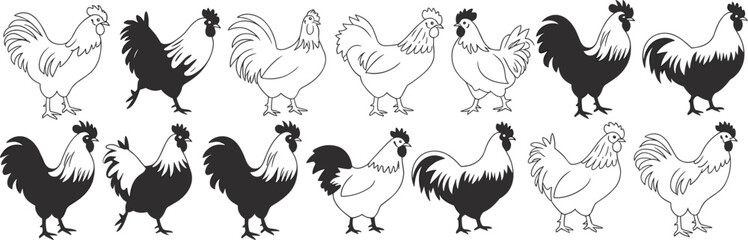 Rooster illustrations in various styles, black and outline vector icons, combs, wattles, tail feathers, farm bird design elements