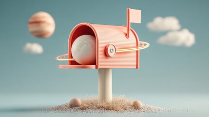 Minimalist mailbox icon in coral with global email delivery concept