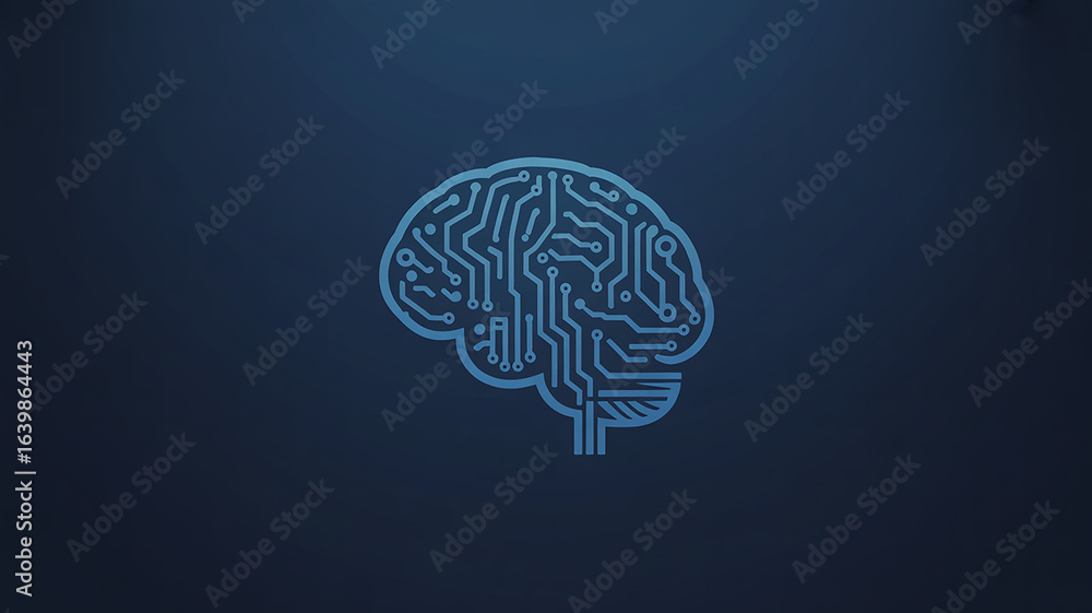 Poster minimalist vector logo depicting an artificial intelligence brain made from circuit patterns