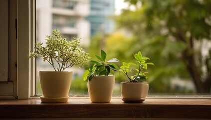 Fototapeta premium Modern Office Interior with Potted Plants on Shelf and Natural Light from Large Window Overlooking Urban Landscape