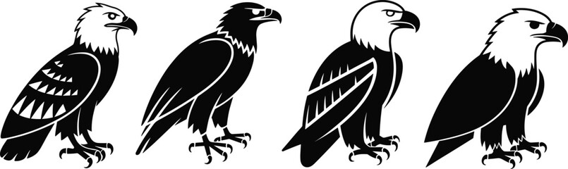 Stylized eagle illustrations in side profile, black and white vector icons, wing patterns, bold angular shapes, artistic bird design elements