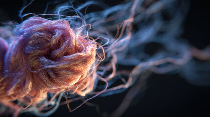 Close-up of shimmering textile fibers against dark background, capturing delicate strands and intricate texture