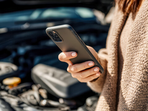 Woman checking her mobile phone beside a car engine in an outdoor setting