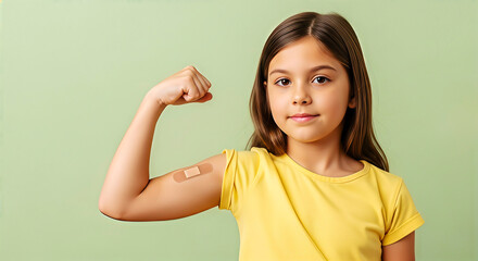 A girl flexing her arm with a bandage after getting vaccinated. Close up portrait conveying confidence and health.. Immunization success, disease prevention, pediatric healthcare.