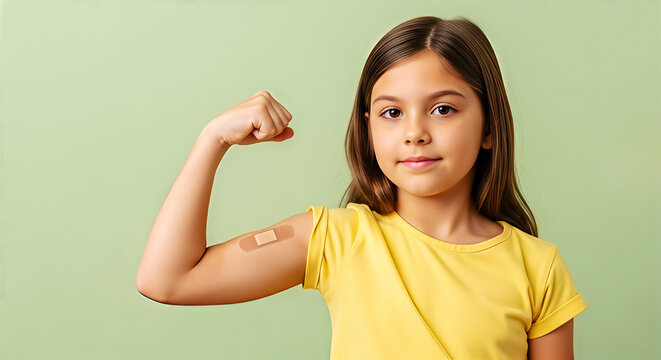 A girl flexing her arm with a bandage after getting vaccinated. Close up portrait conveying confidence and health.. Immunization success, disease prevention, pediatric healthcare.