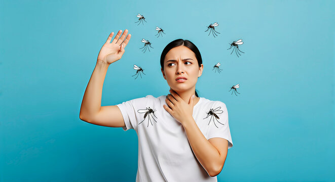 Woman swatting mosquitoes on blue backdrop. Anxious portrait addressing insect issue. Bug bites, vector pest control, tropical disease prevention.