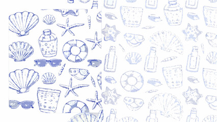 Watercolor summer beach elements seamless pattern featuring seashells and sunglasses and starfish design style silhouette