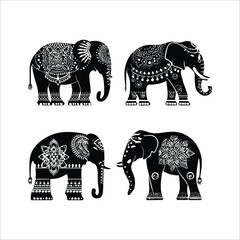 Four ornate black elephants in silhouette with intricate patterns on a white background