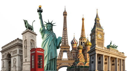 Obraz premium A detailed digital collage showcasing famous international landmarks for world travel.