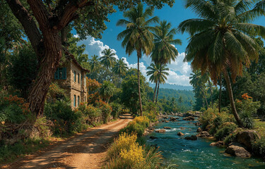 Obraz premium Tropical riverside village road lined with palm trees beside clear turquoise water under bright sunny sky