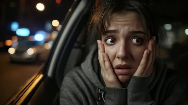 Young woman in gray hoodie sitting in car at night, holding hands to face and looking fearfully sideways at approaching car with headlights on