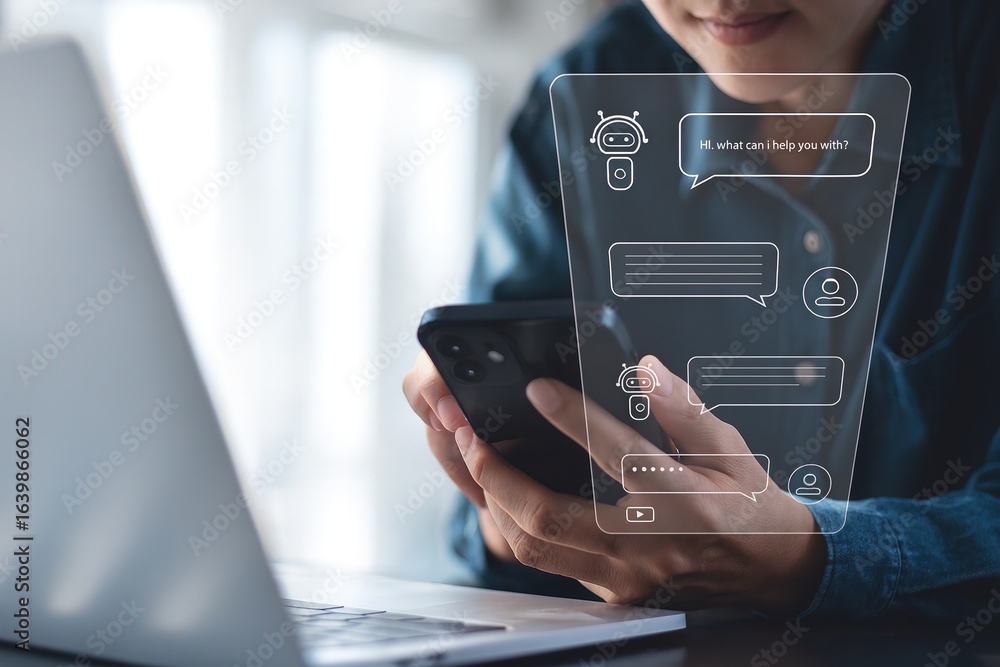 Poster businessman using smartphone with ai chatbot interface,customer support automation,virtual assistant
