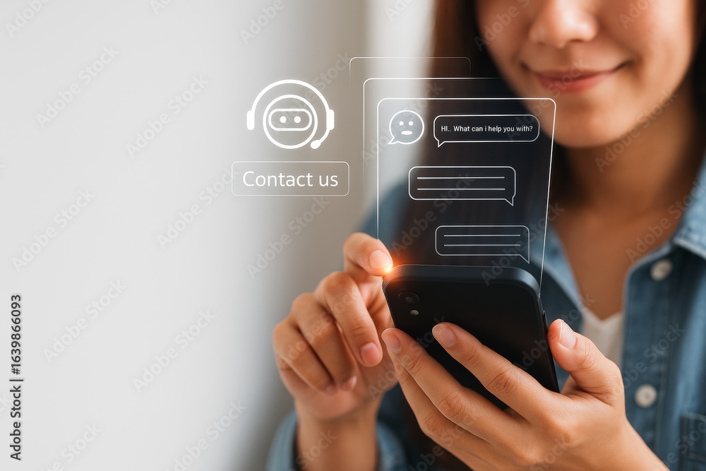 Poster woman using smartphone with ai chatbot interface,contact us support,virtual assistant conversation,c