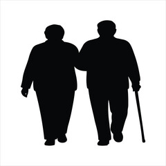 Elderly couple walking together arm in arm with a cane silhouette