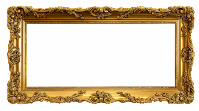 Ornate golden picture frame with elaborate scrollwork on a white background