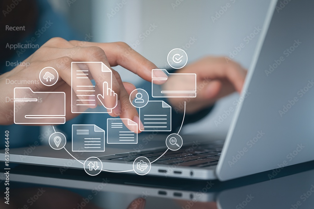 Aufkleber businessman using laptop with digital file management interface,document organization,online storage