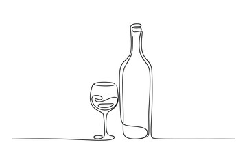 Continuous one-line drawing of a wine bottle and glass. A simple minimalist line art.