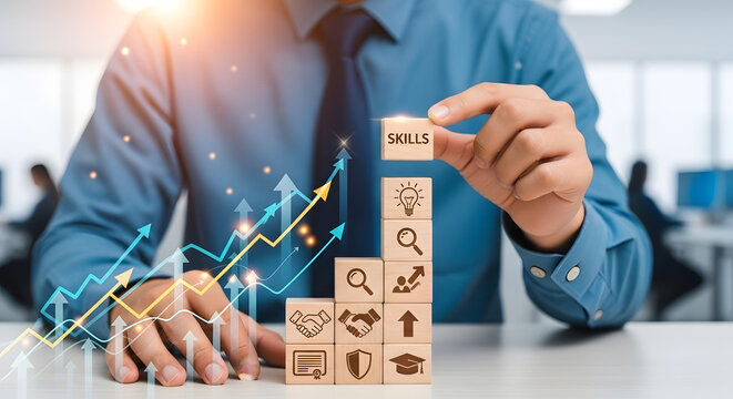 Man stacking wooden blocks with skills written on it representing career growth and development concept