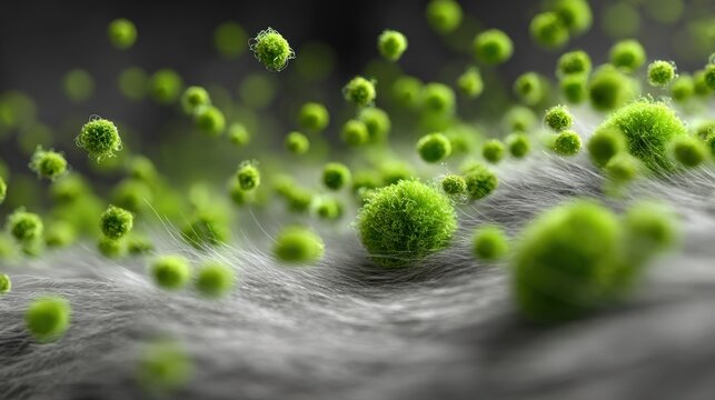 Bright-green ringworm fungus spores found on light cat fur near skin indicating infection