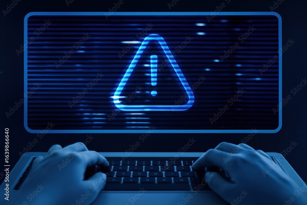 Poster computer screen with warning alert symbol,caution sign on monitor,cybersecurity breach,system error,
