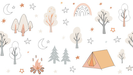 Illustration of camping scene with tent, trees, stars, moon, rainbow and campfire on a white background