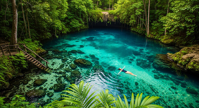 Woman Floating in Jungle Cenote	