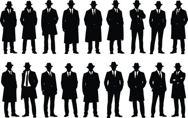 Mysterious men silhouettes, detective style, trench coat and fedora, secret agent poses, noir crime theme, classic film look, black outline vector illustration, spy concept