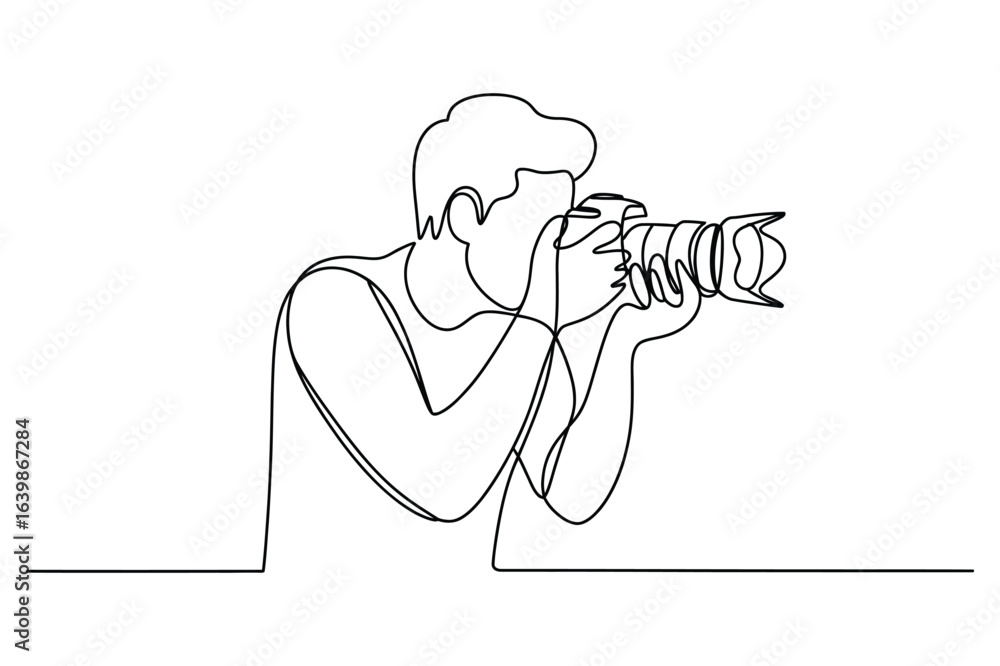 Poster continuous one-line drawing of a photographer taking a picture. a simple minimalist line art.