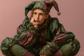 Whimsical jester portrait featuring intricate costume and thoughtful expression