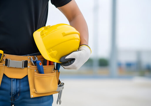 A construction worker holding a yellow hard hat with tools on his belt in an outdoor environment - Powered by Adobe