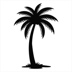 Black silhouette of a tall palm tree with lush fronds against a white background silhouette