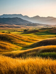 Fototapeta premium Breathtaking view of rolling hills and distant mountains during golden hour