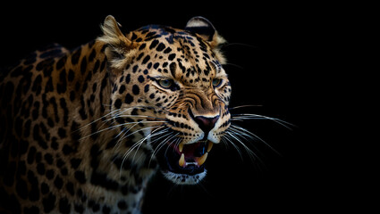 Fototapeta premium Leopard's Intensity: A captivating portrait of a leopard, showcasing its sharp teeth and intense stare, a symbol of power and wilderness, captured against a backdrop of pure black. 