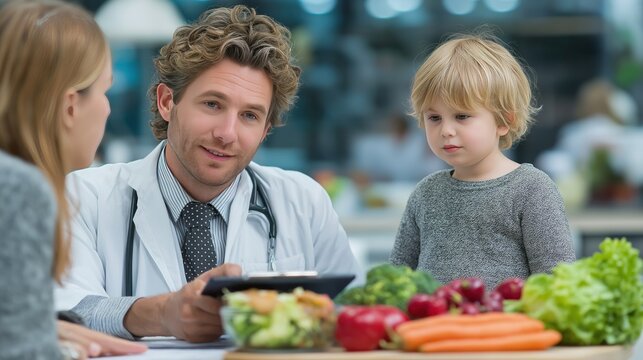 Pediatrician discusses nutrition with parents, child, surrounded by fresh vegetables, emphasizing healthy eating habits, diabetes prevention in children, promoting wellness, proper healthcare