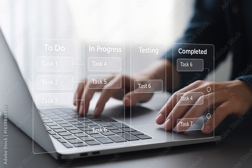 Poster business hand typing on laptop with project management interface,digital workflow and tasks,kanban b