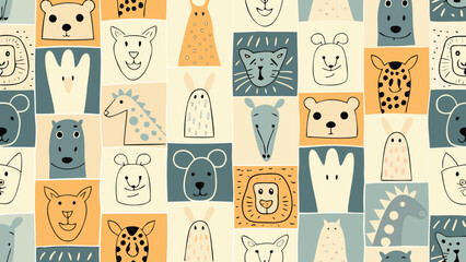 Whimsical animal faces in squares creating a playful and colorful repeating pattern design for textiles