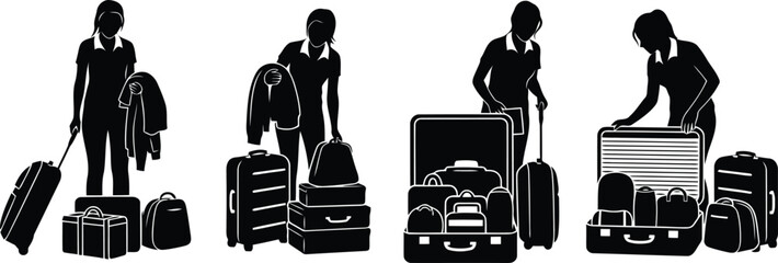 Suitcase Packing Silhouette Icon Vector Set - travel preparation and vacation