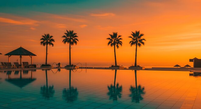 Palm trees reflected in a pool at sunset with orange sky and cabana in the background view of ocean
