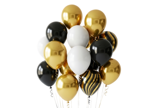 Elegant bunch of gold black and white balloons isolated on transparent background