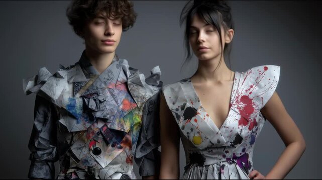 Young man and woman standing side by side wearing designer clothing with origami elements and bright paint splatter patterns