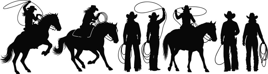Cowboy and cowgirl silhouettes, horse riding, lasso action, western rodeo scene, ranch lifestyle, country culture, wild west theme, black outline art, equestrian sport illustration