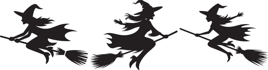 Halloween witch silhouette vector illustration flying on broomstick graphic art