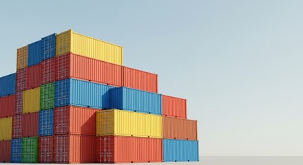 Fototapeta premium A colorful pyramid-like stack of shipping containers in a port or storage yard against a blank sky