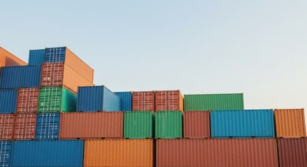 Fototapeta premium A disorganized pile of shipping containers in various colors, including red, orange, and green, against a soft sky