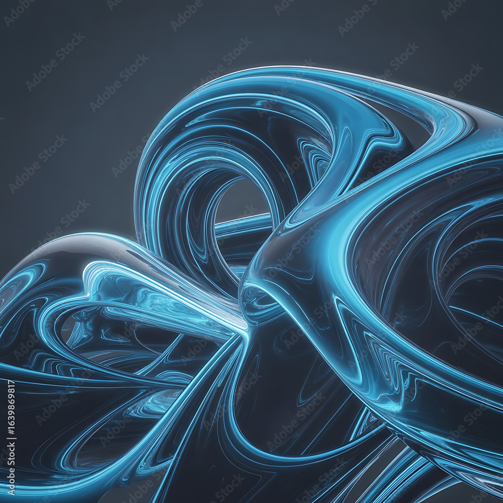 Poster abstract blue background with dynamic glowing fractal waves and light lines