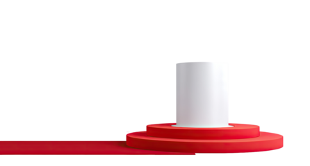 A white cylinder on a red tiered platform,  with a red carpet effect leading to it
