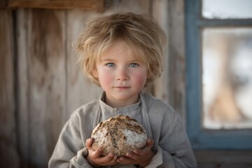 A Child Seen Joyfully Holding a Freshly Baked Bread in a Rustic and Cozy Setting