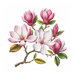 A beautiful watercolor illustration of a blooming pink magnolia branch isolated on white